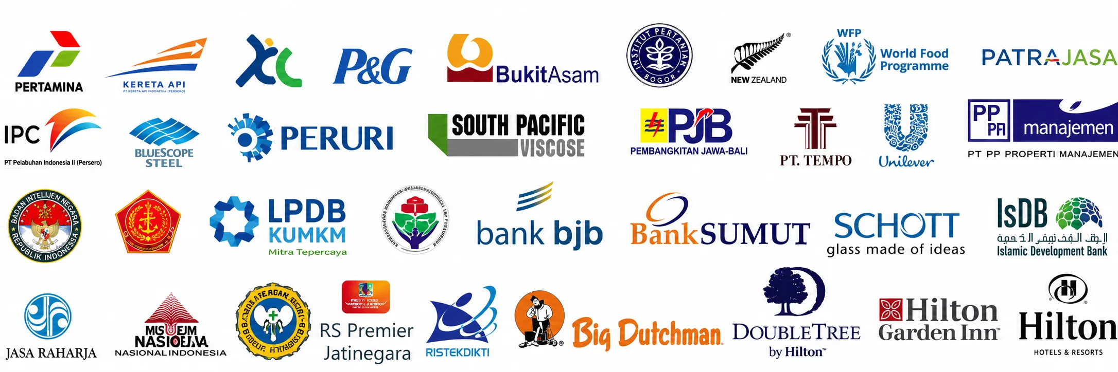 Clients including Pertamina, Kereta Api, P&G, World Food Programme, Unilever, Bank BJB, Hilton, and more